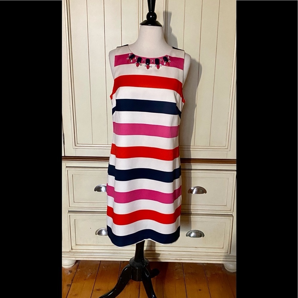 ⚜️VINCE CAMUTO Beaded Collar Striped Shift Dress Office Siren Corpcore⚜️